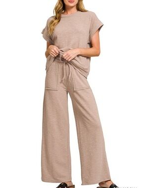 EUC🤎Zenana Slub Short Sleeve Tee and Pants Set Small Ash Mocha
